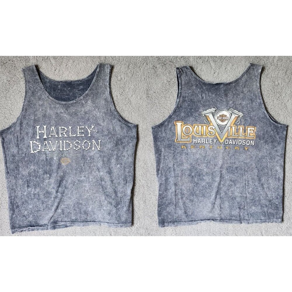 VTG Harley Davidson Louisville KY Bone Letters‎ Grey Distressed Tank Top Size XL